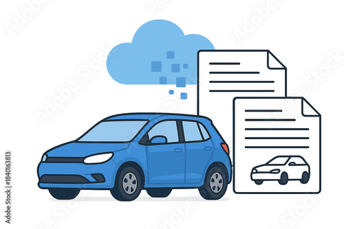 Blue car connected to cloud storage managing digital documents for vehicle data management