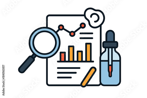 Financial data analysis document with charts, magnifying glass, and dropper