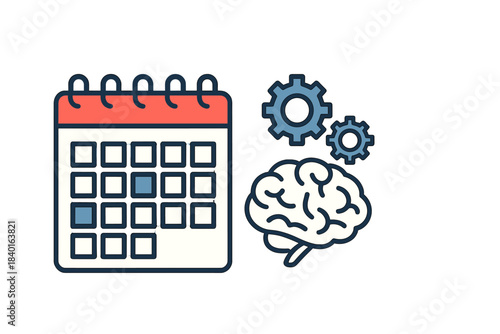Conceptual of calendar, brain, and gears symbolizing time management and planning