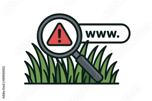 Magnifying glass searching for website error or dead link symbolized by warning sign