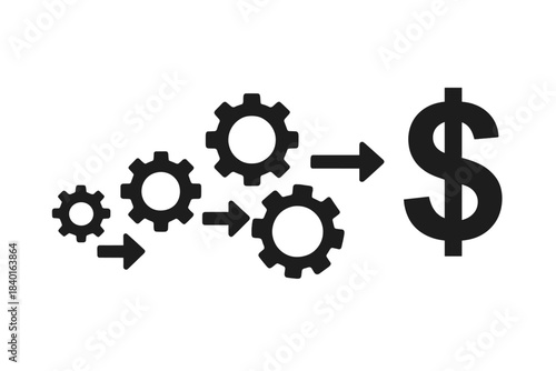 Business process mechanism with gears and arrows leading to financial success