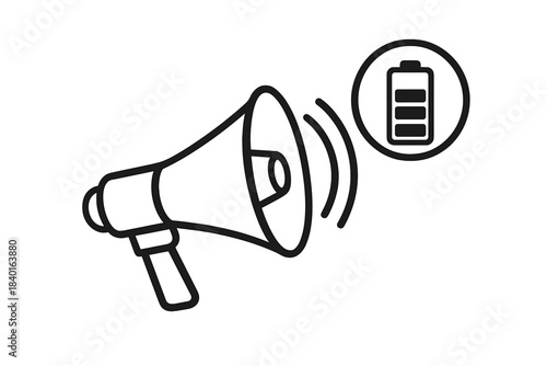 Megaphone broadcasting sound waves next to a fully charged battery icon symbol