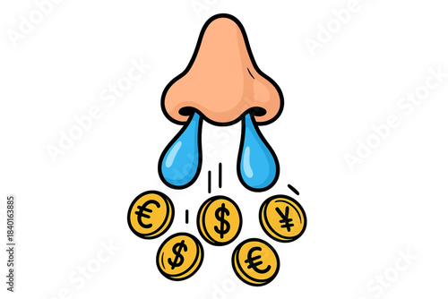 Cartoon nose dripping currency coins like tears symbolizing financial loss