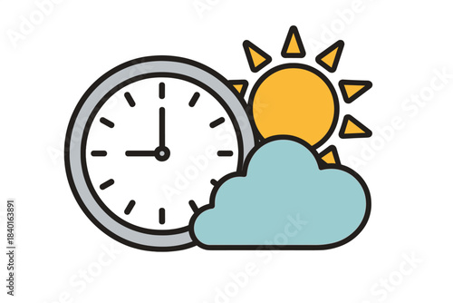 Analog clock face combined with a bright sun and cloud icon for time and weather concepts