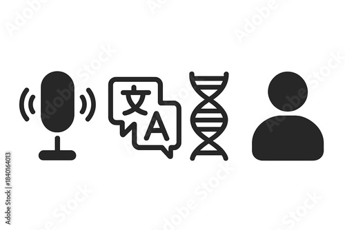 Technology icons for voice command, language translation, DNA, and user profile