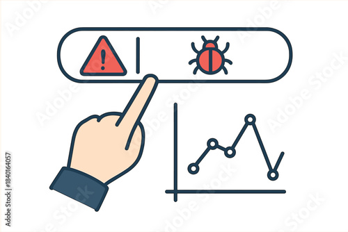 Analyzing data security breach with pointing hand, warning sign, and fluctuating graph