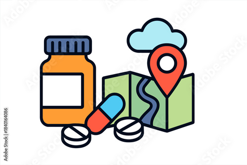 Healthcare and travel concept with prescription drugs, map, and GPS location marker