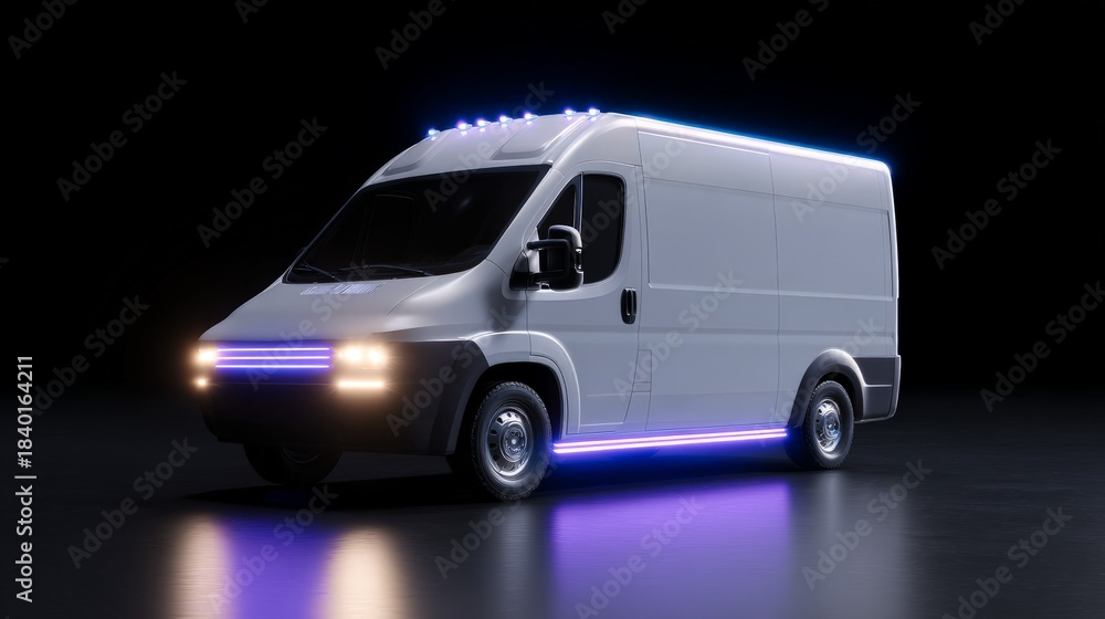 Naklejka premium Futuristic electric delivery van with glowing autonomous system on dark background