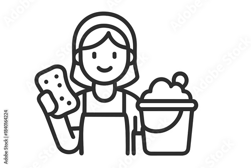 Smiling woman holding a cleaning sponge and a bucket of soapy water for housekeeping