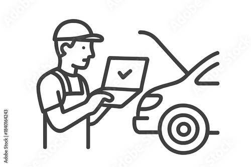 Auto technician performing vehicle diagnostics with a laptop next to an open car hood