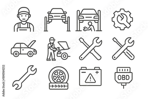 Essential elements for car repair service, auto mechanic workshop, and diagnostic tools