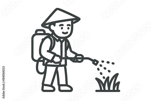 Farmer wearing conical hat spraying chemicals on grass using a backpack sprayer