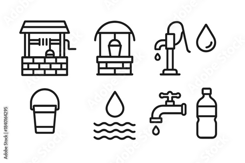 Well, pump, faucet, and bottle symbols representing water source and supply