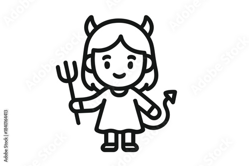 Cute little devil character holding a trident pitchfork in black and white line art style