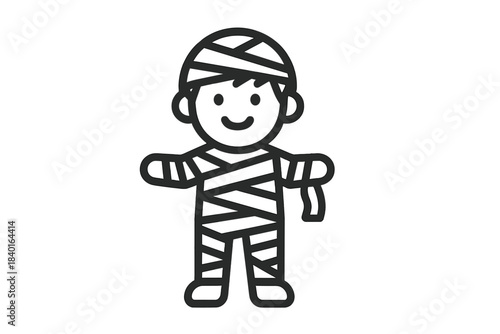 Minimalist smiling character wrapped in bandages resembling an ancient mummy