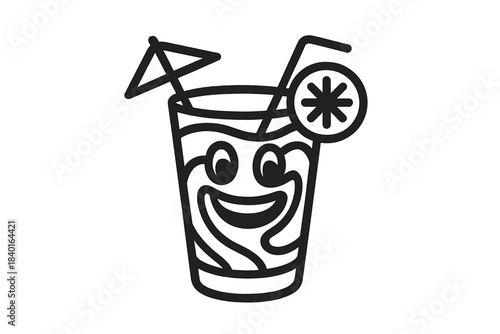 Happy cartoon cocktail drink with a smiling face, straw, umbrella, and citrus garnish