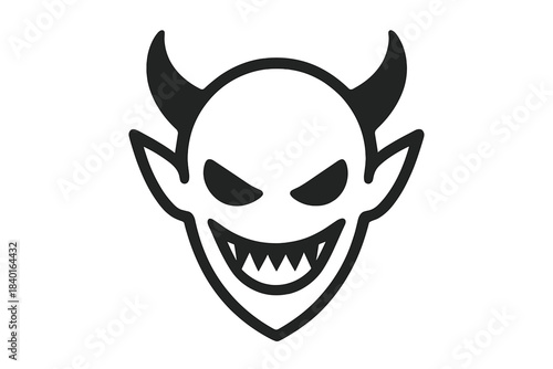 Black and white outline of a grinning devil head with horns and sharp teeth