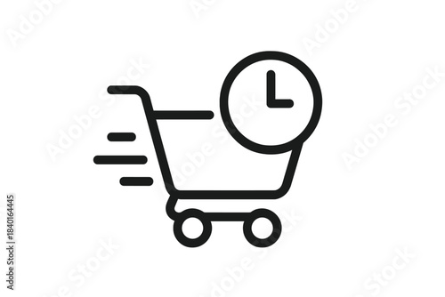 Shopping cart moving fast with clock symbol representing quick delivery or express checkout