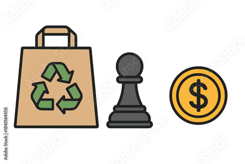 Recycling bag, chess pawn, and dollar coin symbolizing sustainability, strategy, and finance