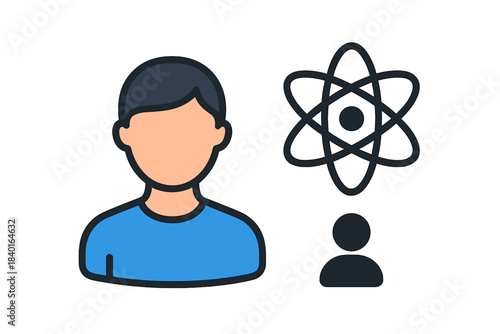 User profile icon contemplating scientific knowledge represented by atomic structure symbol