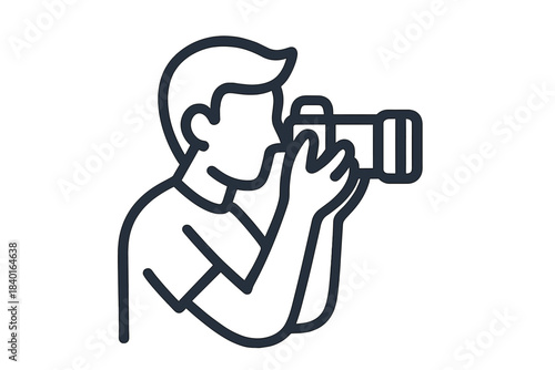 Minimalist black and white outline of a person holding a professional digital camera and taking a picture