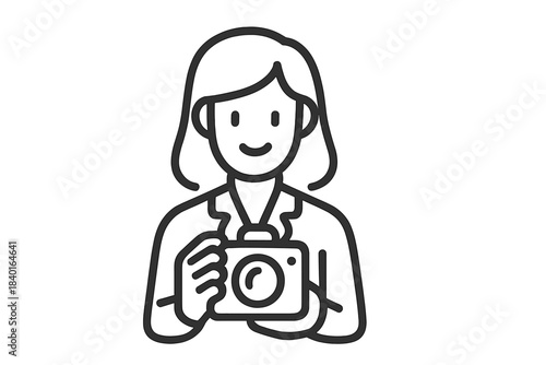 Smiling person holding a camera icon symbolizing photography, media, or content creation