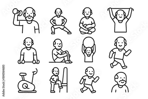 Collection of simple icons showing senior men running, stretching, and strength training