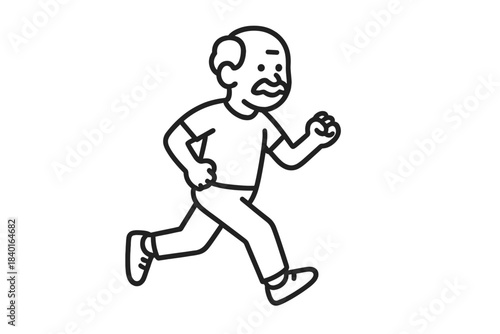 Active senior man jogging or running forward, depicted in a simple cartoon line art style