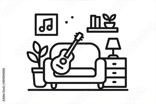 Cozy living room interior scene with sofa, acoustic guitar, potted plants, and home decor