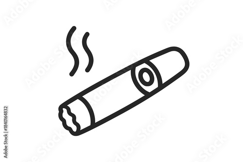 Minimalist outline drawing of a burning tobacco cigar emitting smoke waves and fumes