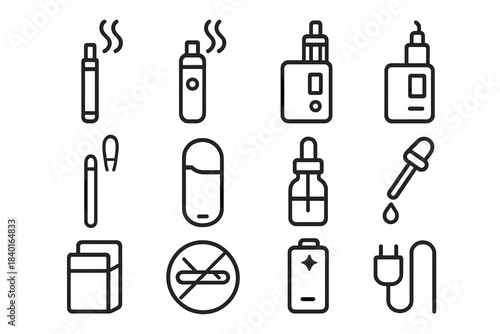 Collection of modern electronic cigarette and vaping devices, e-liquid bottles, and accessories