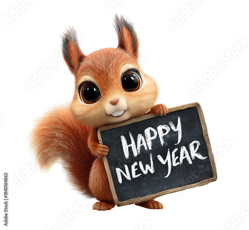 Cute cartoon squirrel holding happy new year sign isolated on a transparent background