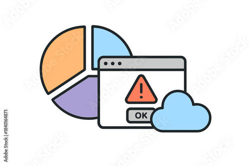 System error warning notification on a browser window next to a data pie chart and cloud storage symbol