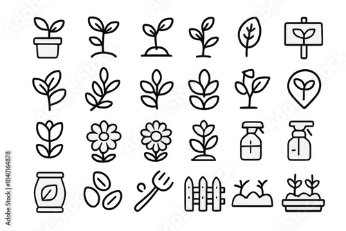 Simple outline icons for plant growth, gardening, seedlings, flowers, and agriculture concepts