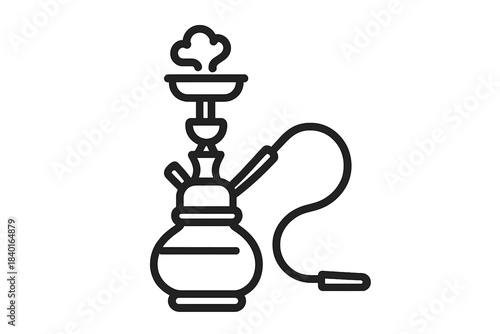 Simple black outline traditional shisha water pipe with smoke and long hose