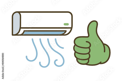 Air conditioning unit blowing cool air with a green hand giving a positive thumbs up gesture