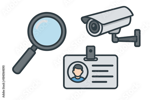 Security and identification concepts with magnifying glass, surveillance camera, and ID badge