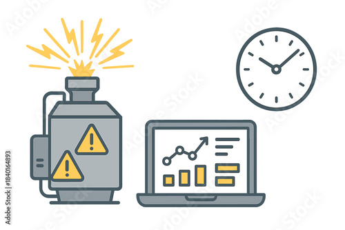 Business analysis, time clock, and industrial machine with sparking energy