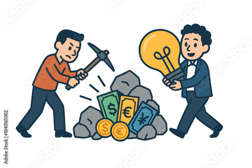 Business concept comparing hard work mining for money and smart idea lightbulb
