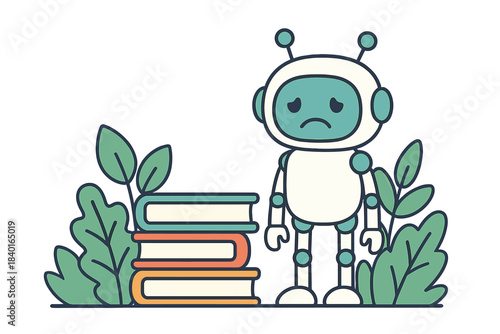 Sad robot standing next to a large stack of books surrounded by green foliage and leaves