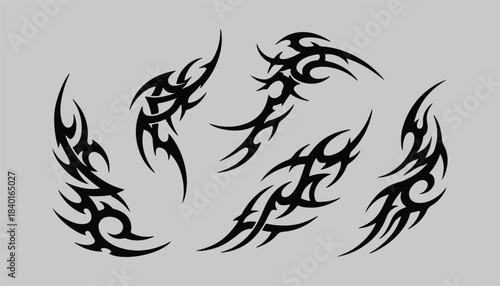 Neo Tribal Cybersigilism Shapes Collection. Set Of Y2k Cyber Sigilism Tattoo Gothic Patterns Vector Design. Streetwear Print Graphic.	