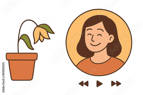 Contrast between a happy smiling woman avatar and a sad wilting potted flower