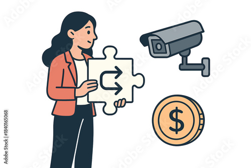 Businesswoman holding a puzzle piece solution for secure financial transactions and money return policy