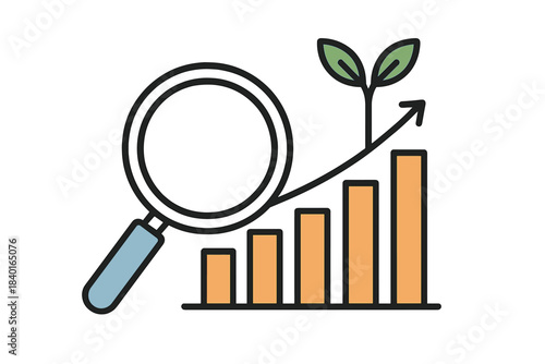 Magnifying glass analyzing business growth bar chart with upward arrow and sprout