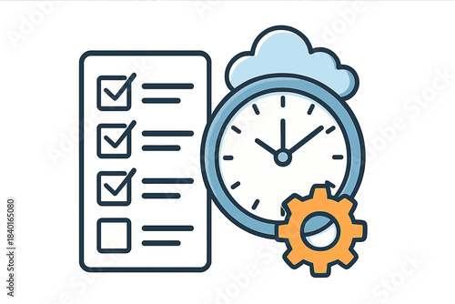 Task management checklist with analog clock, gear mechanism, and cloud symbol representing efficiency