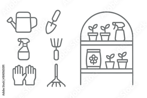Essential garden tools and planting supplies line art collection for horticulture