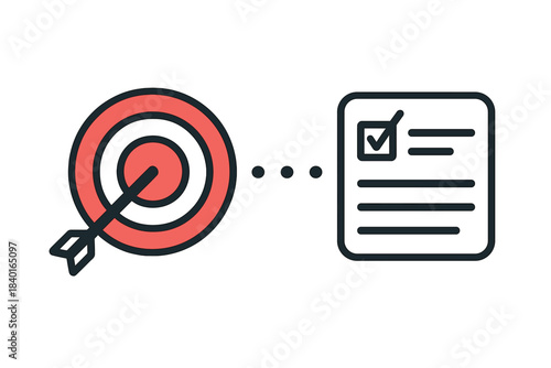 Successful goal achievement from target bullseye to completed checklist document