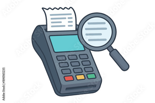 Magnifying glass inspecting a printed receipt from a point of sale terminal for financial review
