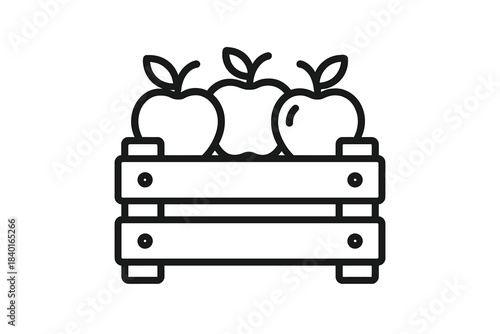 Three fresh apples displayed in a rustic wooden harvest crate ready for market or storage