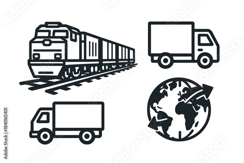 Monochromatic symbols representing global transportation, logistics, rail, and road freight